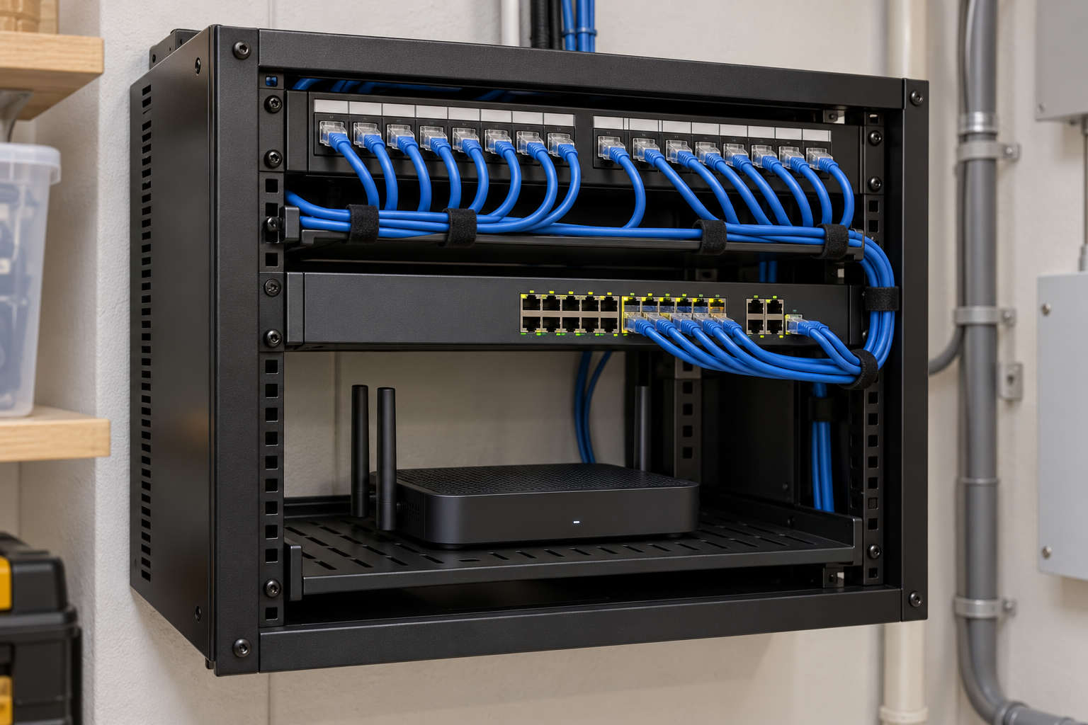 Illustration of a network rack with blue patch cables, a patch panel, switch, and router