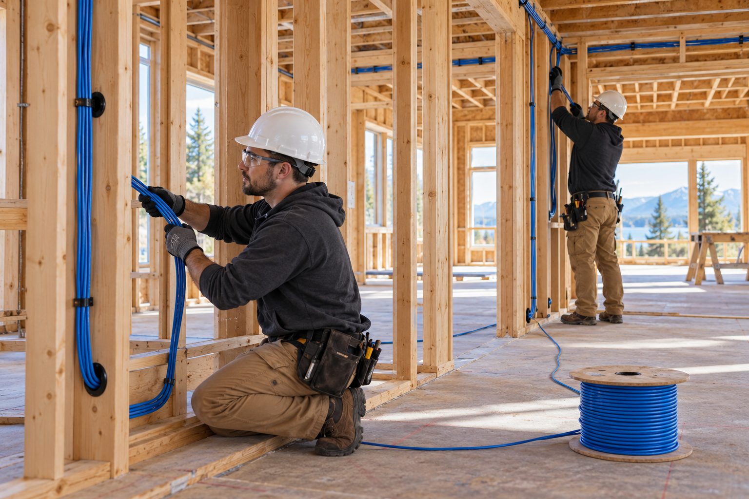 Illustration of installers routing data cable through a custom home under construction
