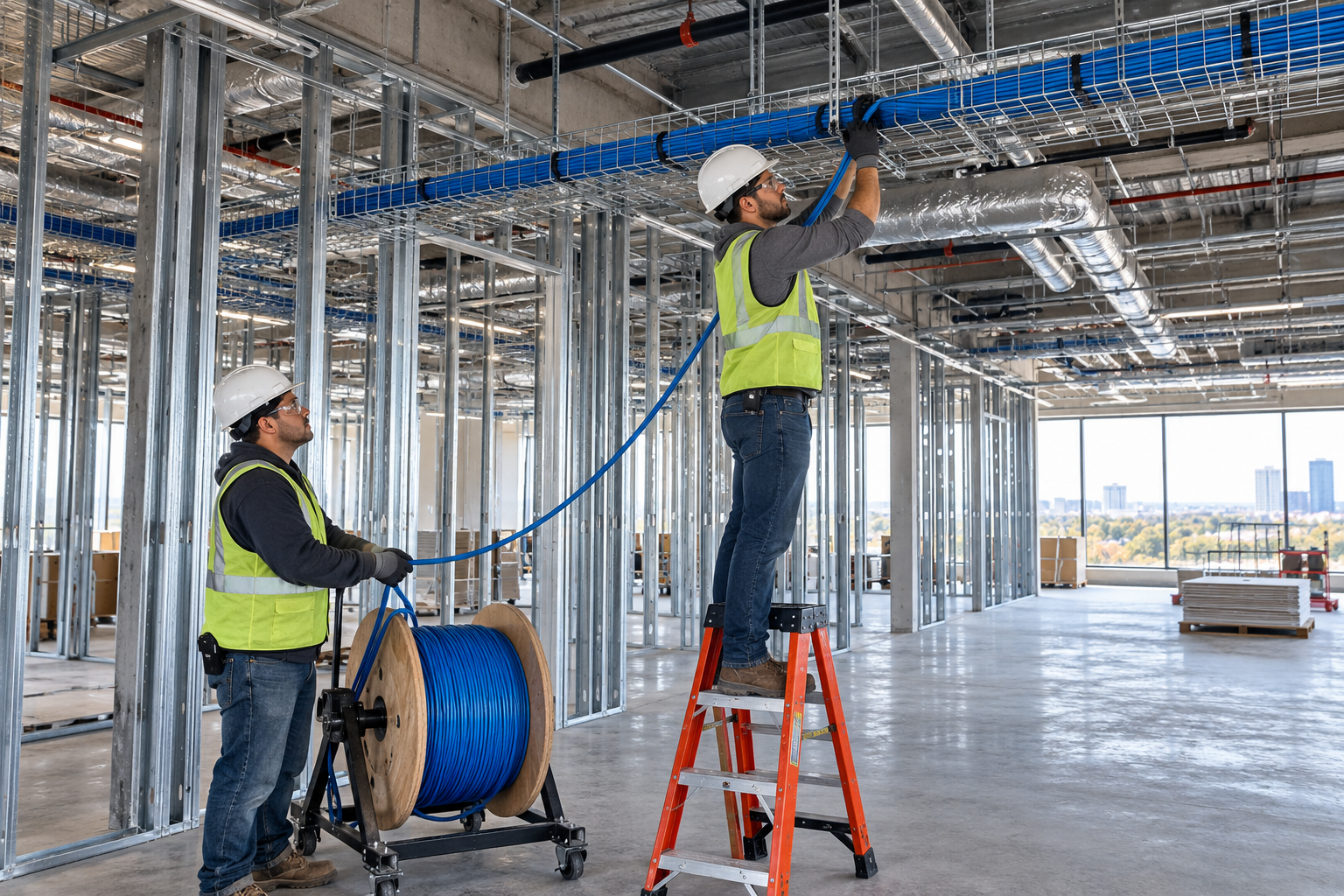 Illustration of technicians pulling data cable in an office under construction
