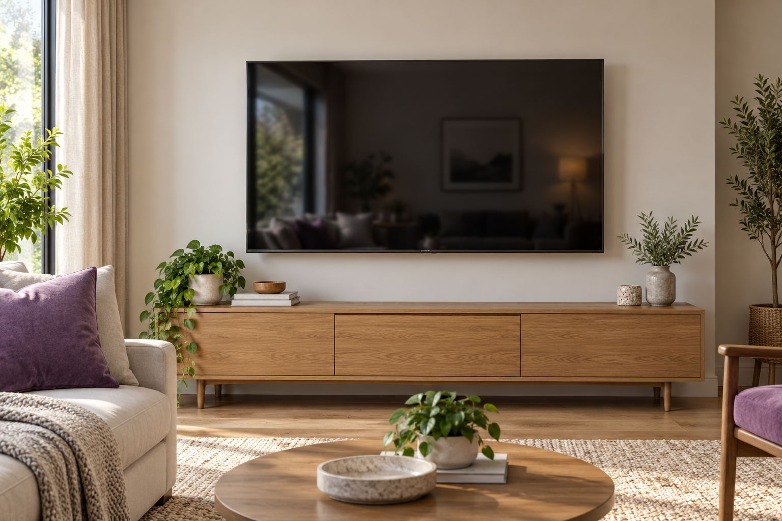 Illustration of a wall-mounted TV above an oak console