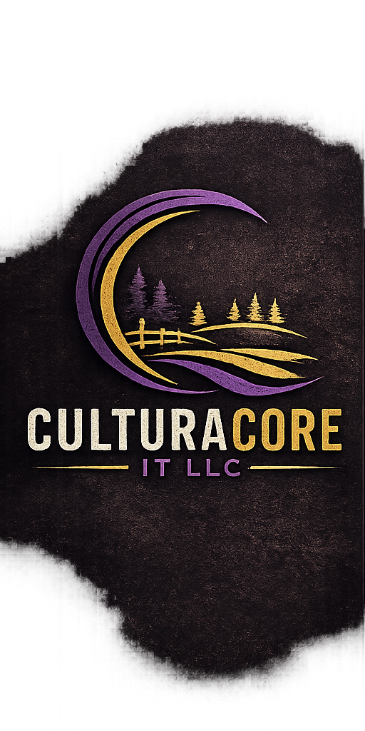 CulturaCore IT logo with purple and gold fields, trees and a crescent